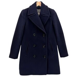 Vintage J. Crew Womens Pea Coat 00 Navy Blue‎ Double Breasted Stadium Cloth